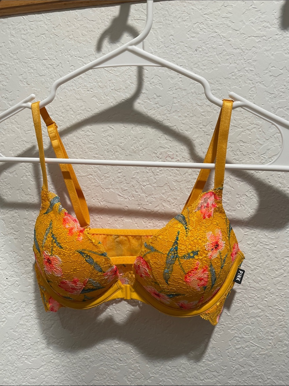 PINK Victoria's Secret Mustard Yellow Floral Lace Underwire Bra